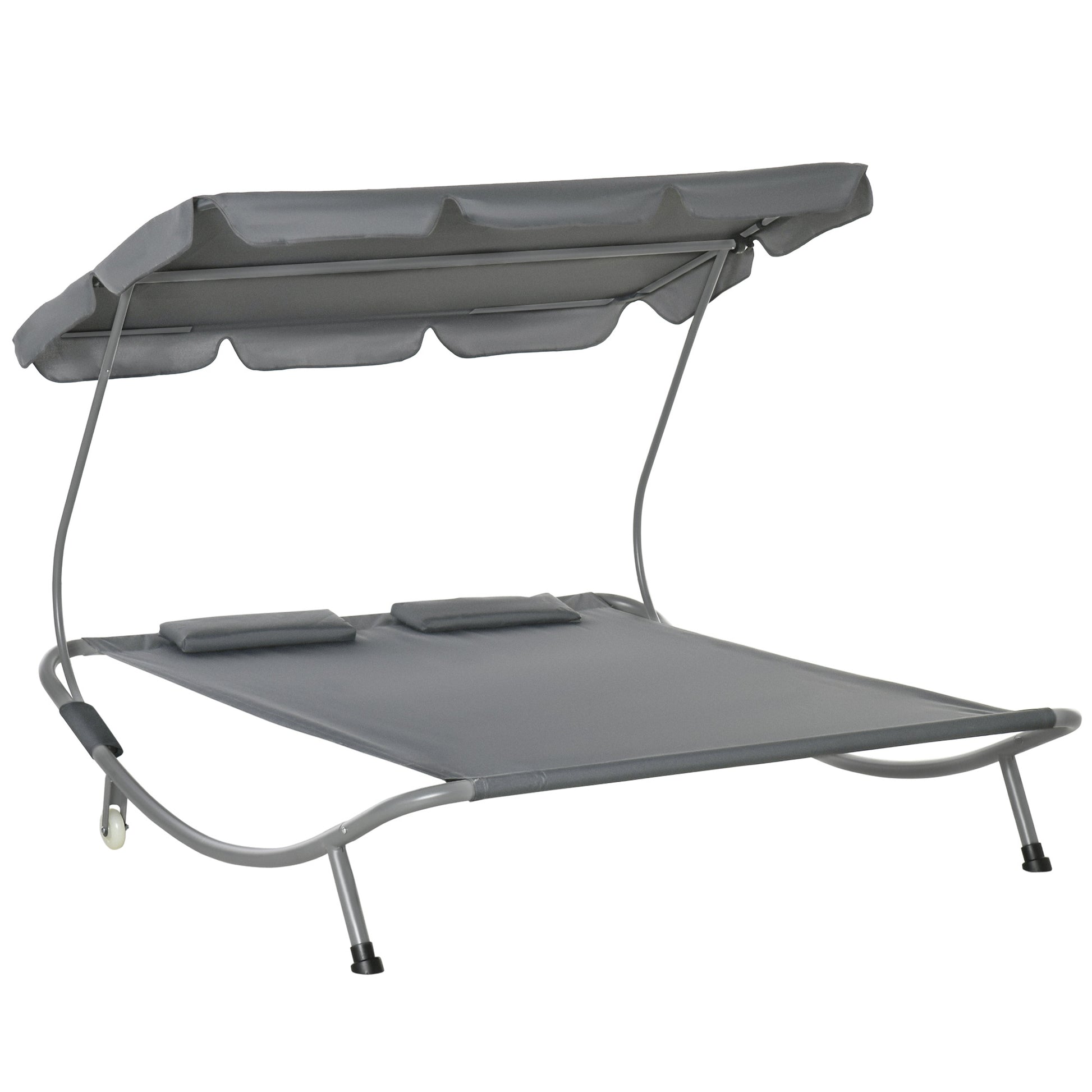 Outsunny Double Sun Lounger with Adjustable Detachable Canopy, Portable Garden Daybed for 2 with Wheels, Outdoor Sunbed Hammock with 2 Pillows, 220 KG Max. Load, Grey--ChewyGames-ChewyGames