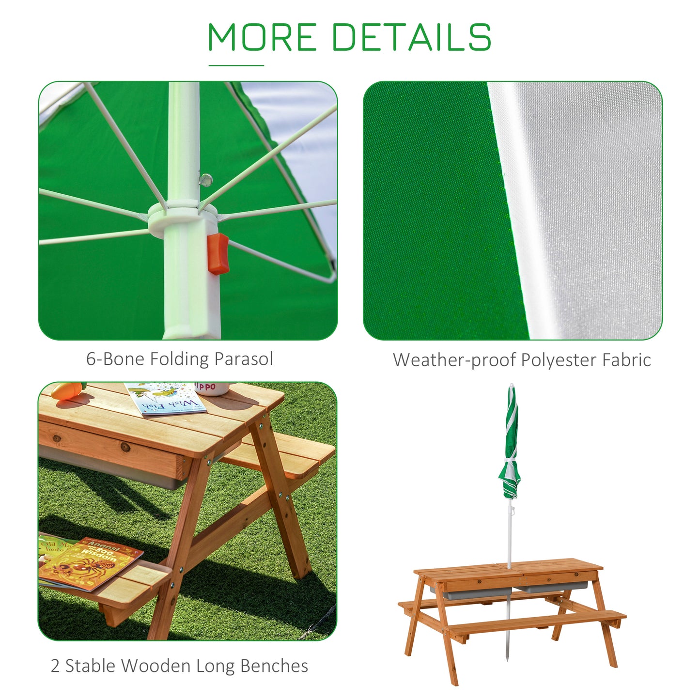 Outsunny Kids Picnic Table with Benches, Wooden Sand and Water Table, Adjustable Parasol, Storage Bins, for Kids 3-6 Years, Brown