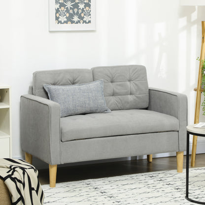 HOMCOM 2 Seater Storage Sofa, Fabric Couch with Hidden Under Seat Storage, Thick Cushions, Compact Space Saving Settee with Rubberwood Legs for Living Room, Apartment, Light Grey
