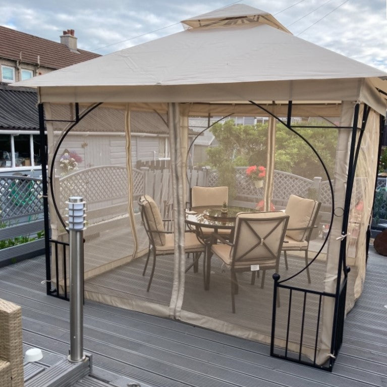Outsunny 3 x 3(m) Garden Gazebo Patio Party Tent Shelter Outdoor Canopy Double Tier Sun Shade Metal Frame Netting, Beige
