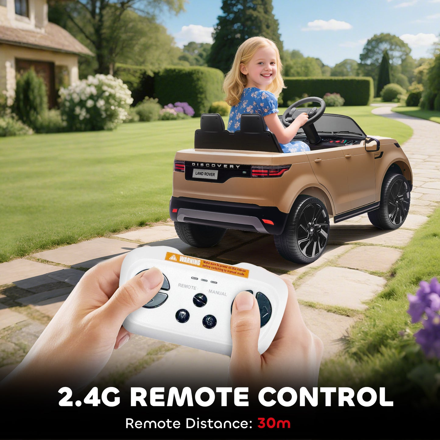 AIYAPLAY Land Rover Discovery Licensed 12V Kids Electric Car with Remote, 4 Wheel Suspension, Slow Start, Lights, Music, Khaki-Electric Riding Vehicles-ChewyGames-ChewyGames