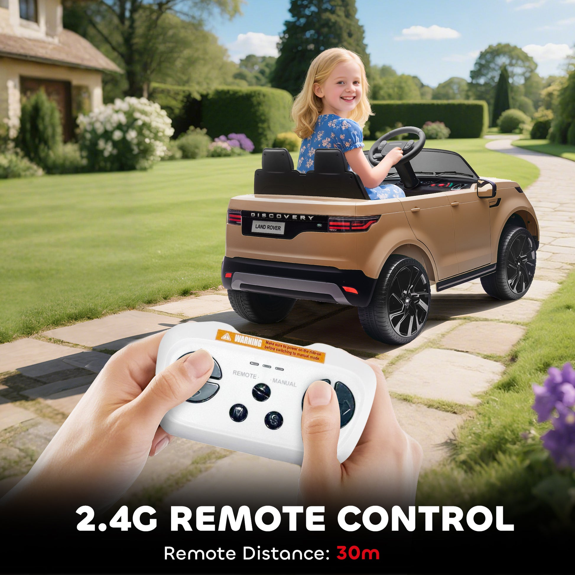 AIYAPLAY Land Rover Discovery Licensed 12V Kids Electric Car with Remote, 4 Wheel Suspension, Slow Start, Lights, Music, Khaki-Electric Riding Vehicles-ChewyGames-ChewyGames