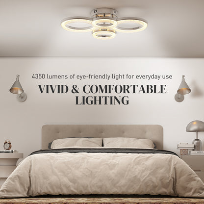 HOMCOM LED Ceiling Light, Modern Dimmable 4 Rings Ceiling Lamp with Wall Switch, 40W 4350lm Flush Mount Ceiling Light with 3500K/4500K/6000K Colour Temperatures for Living Room, Bedroom, Silver Tone