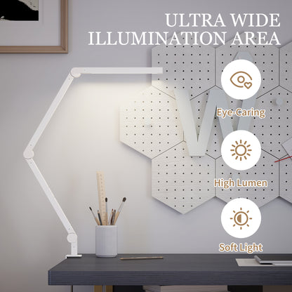 HOMCOM LED Desk Lamp, Dimmable Desk Light with Swing Arm and Clamp, Adjustable Eye-Caring Table Lamp with 2 Colour Modes & 5 Brightness Levels for Study, Drawing, Office, Architect, Task, White