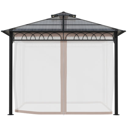 Outsunny 3 x 3 (m) Outdoor Polycarbonate Gazebo, Double Roof Hard Top Gazebo with Galvanised Steel Frame, Nettings & Curtains for Garden, Lawn, Patio and Deck, Khaki