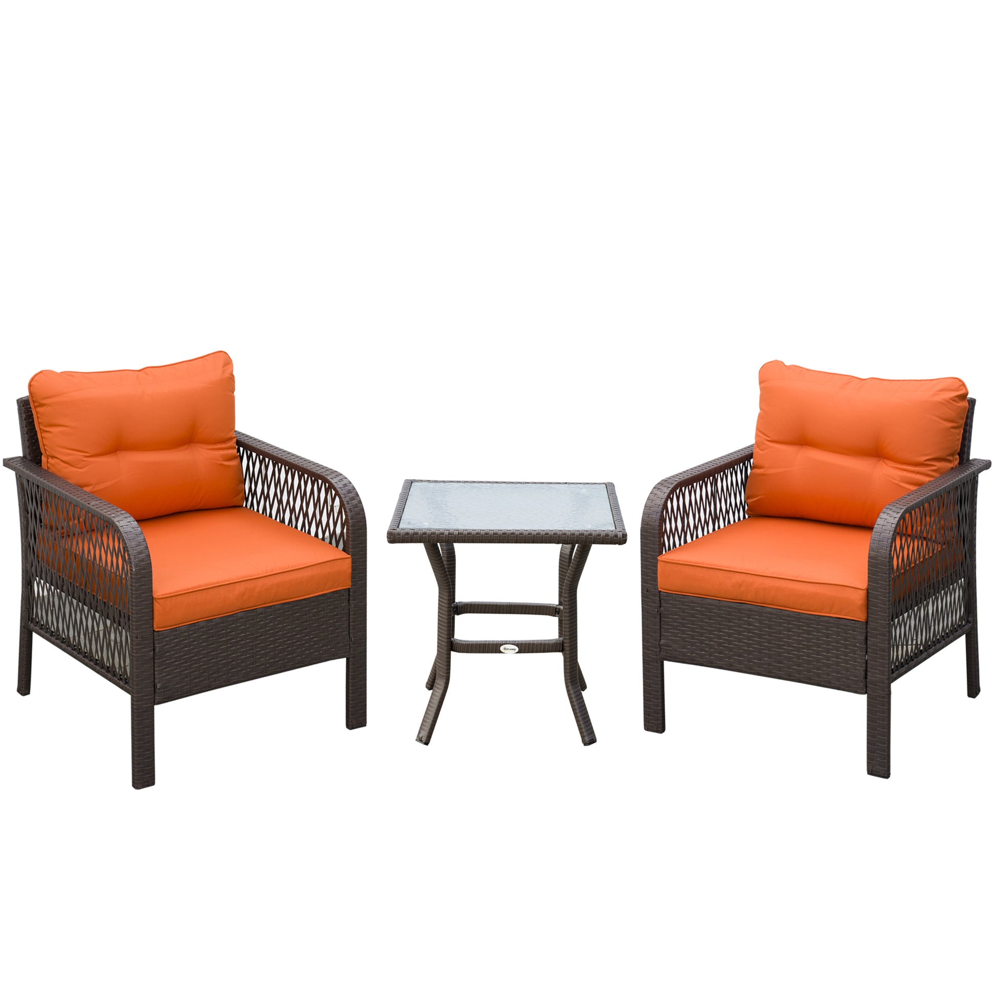 Outsunny 3 Pieces Rattan Bistro Set with Glass Top Coffee Table, Chairs and Cushions for Outdoor, Patio, Balcony, Orange--ChewyGames-ChewyGames