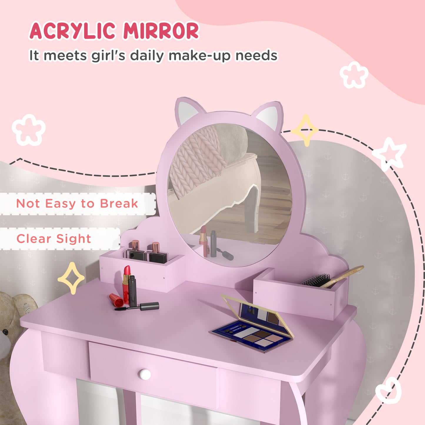 ZONEKIZ Kids Vanity Table with Mirror, Stool, Drawer, Storage Boxes, Cat Design, for Ages 3-6 Years - Pink--ChewyGames-ChewyGames