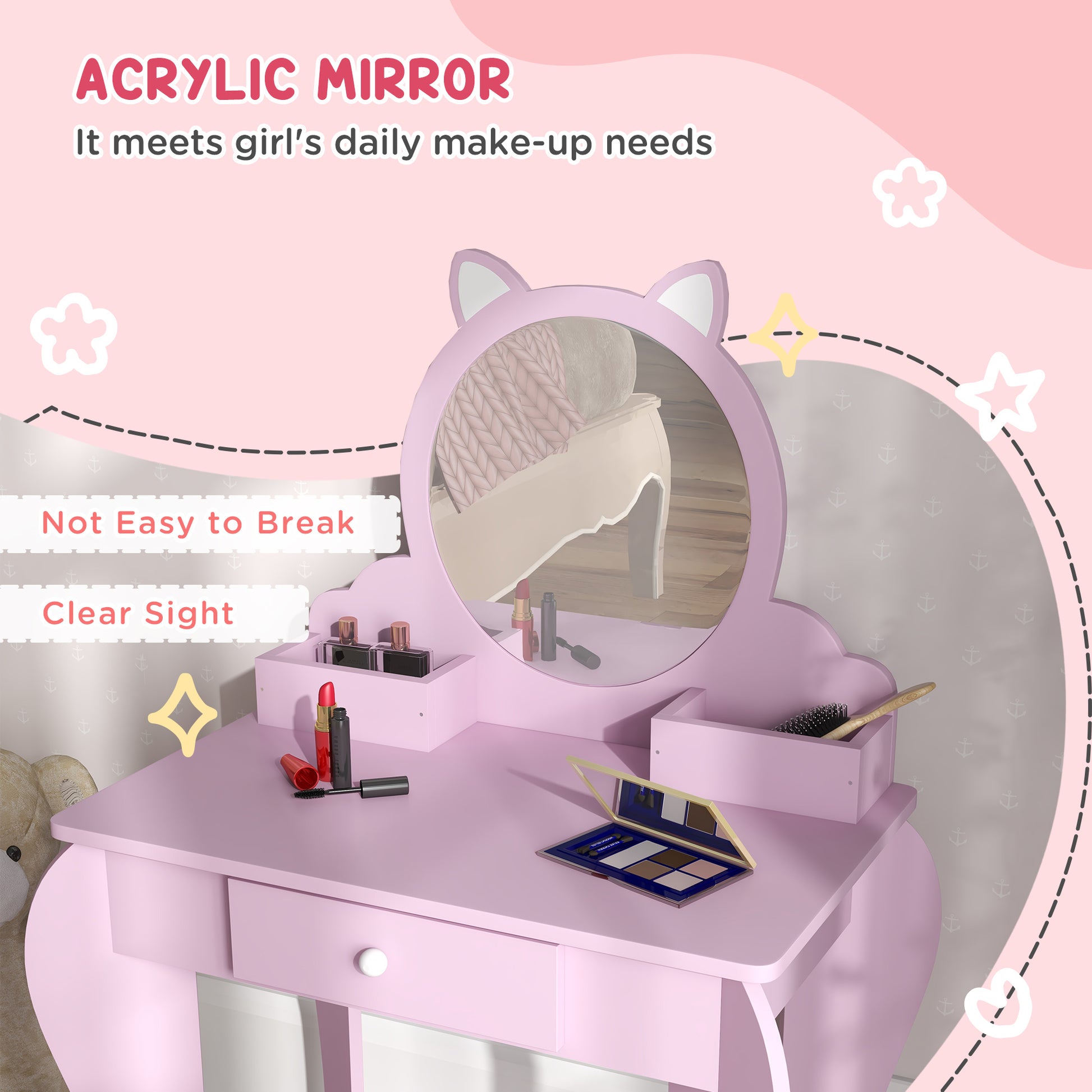 ZONEKIZ Kids Vanity Table with Mirror, Stool, Drawer, Storage Boxes, Cat Design, for Ages 3-6 Years - Pink--ChewyGames-ChewyGames