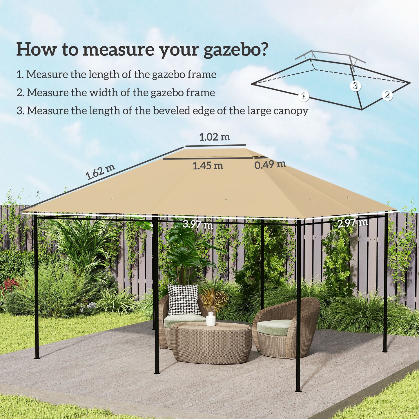Outsunny 3 x 4m Gazebo Canopy Replacement Cover, Gazebo Roof Replacement (TOP COVER ONLY), Khaki