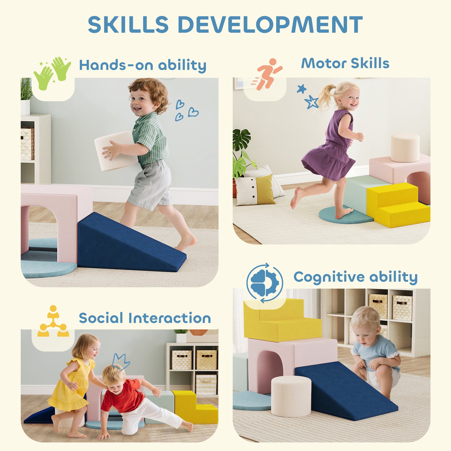 AIYAPLAY 8-Piece Foam Play Blocks for Kids, Soft Motor Skill Blocks with Washable Velvet Covers, Indoor Climbing Set, Multicolor