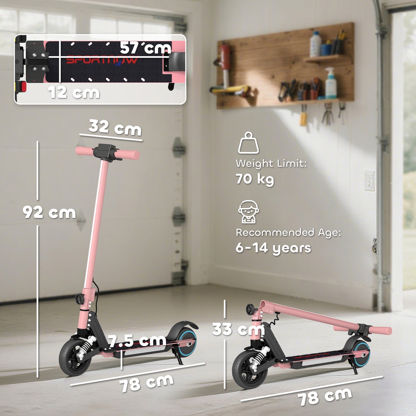 SPORTNOW Folding Electric Scooter for Kids, with Dual Brakes, Front Suspension, LED Colourful Lights, Pink
