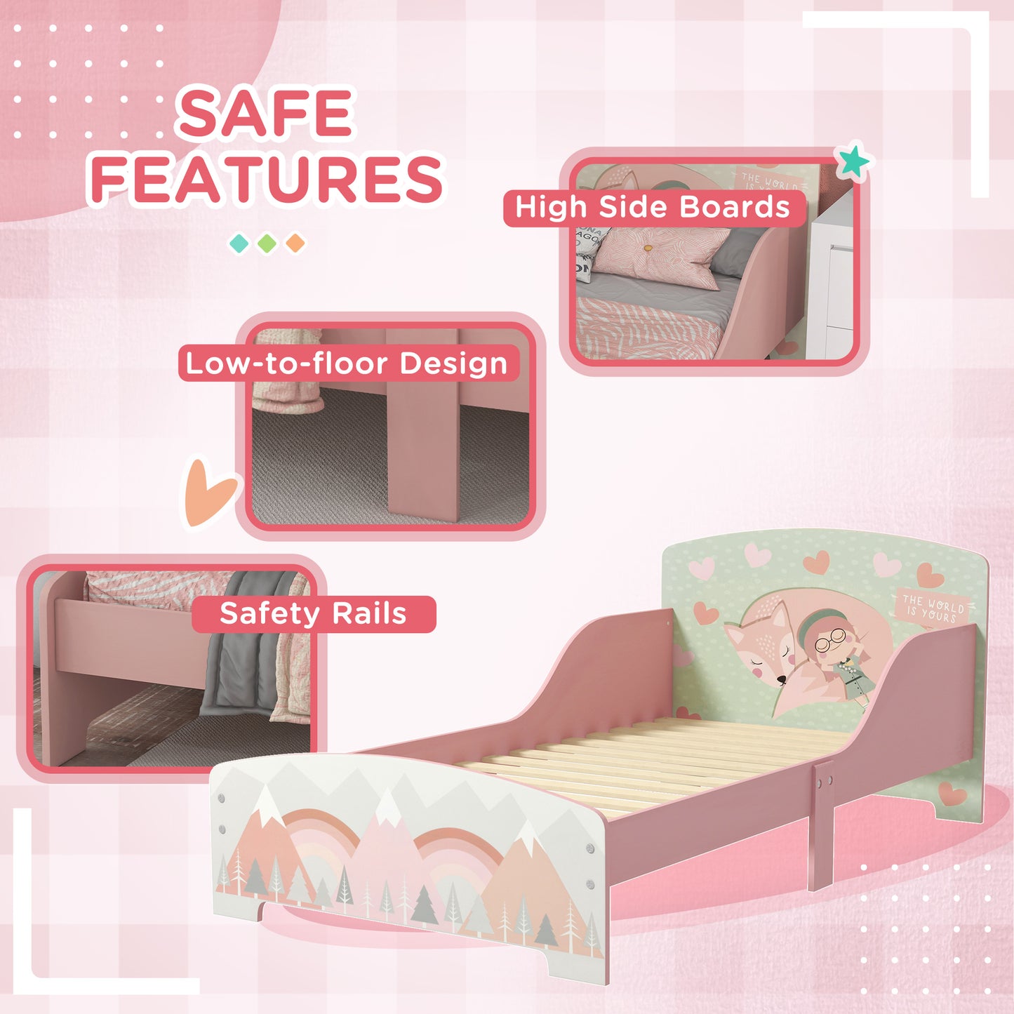 ZONEKIZ Toddler Bed Frame, Kids Storage Shelf Unit with 6 Fabric Bins for Ages 3-6 Years, Pink--ChewyGames-ChewyGames