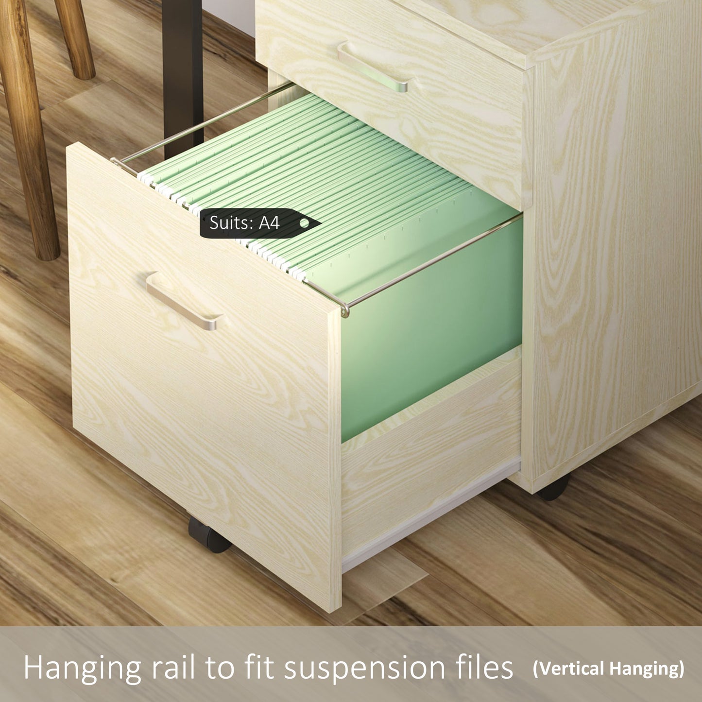 Vinsetto 2-Drawer Locking Office Filing Cabinet w/ 5 Wheels Rolling Storage Hanging A4 Cupboard Home Organisation, Oak Wood Grain