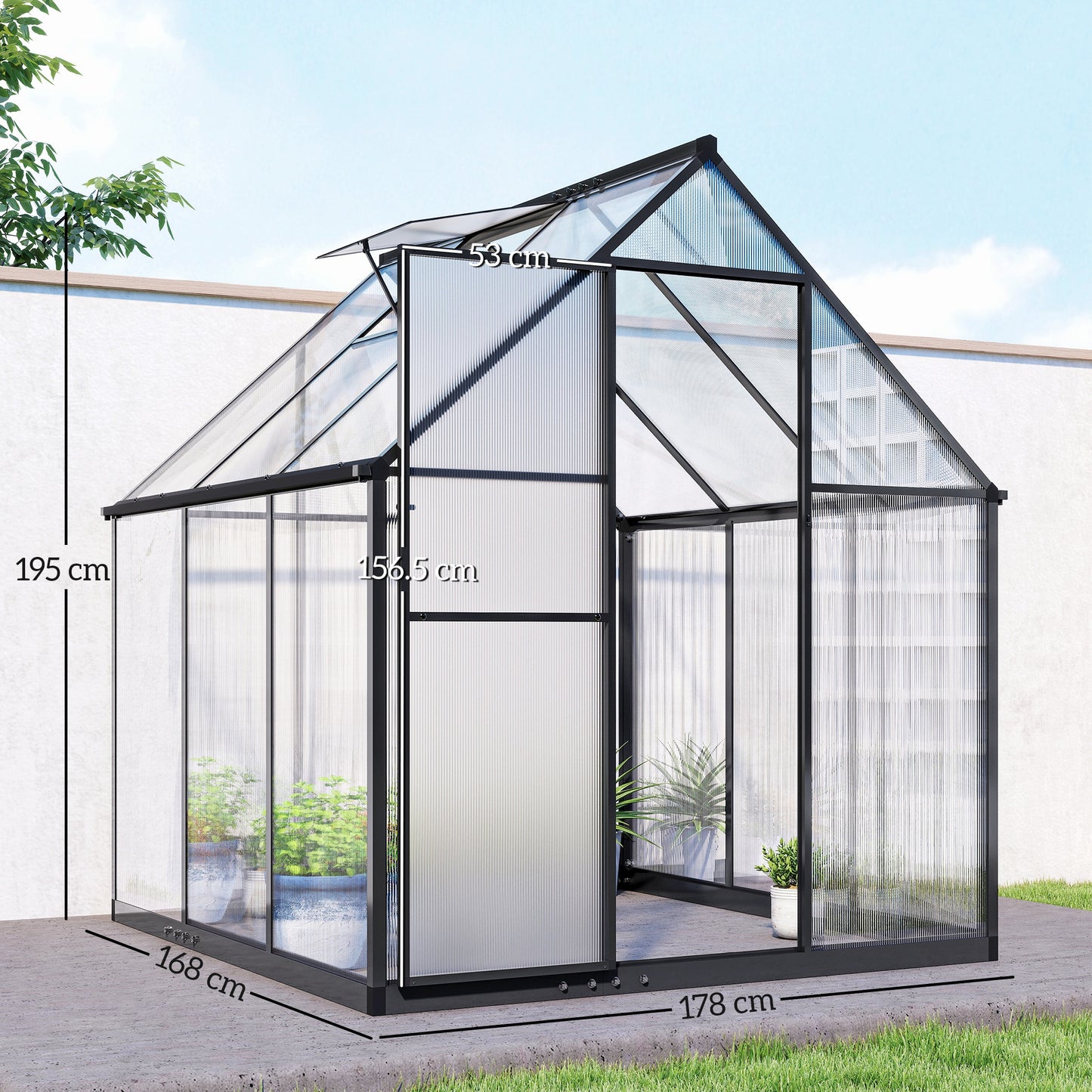Outsunny Polycarbonate Greenhouse with Swing Door and Adjustable Window, Walk-in Greenhouse with Rain Gutter, 5.5 x 6ft, Black