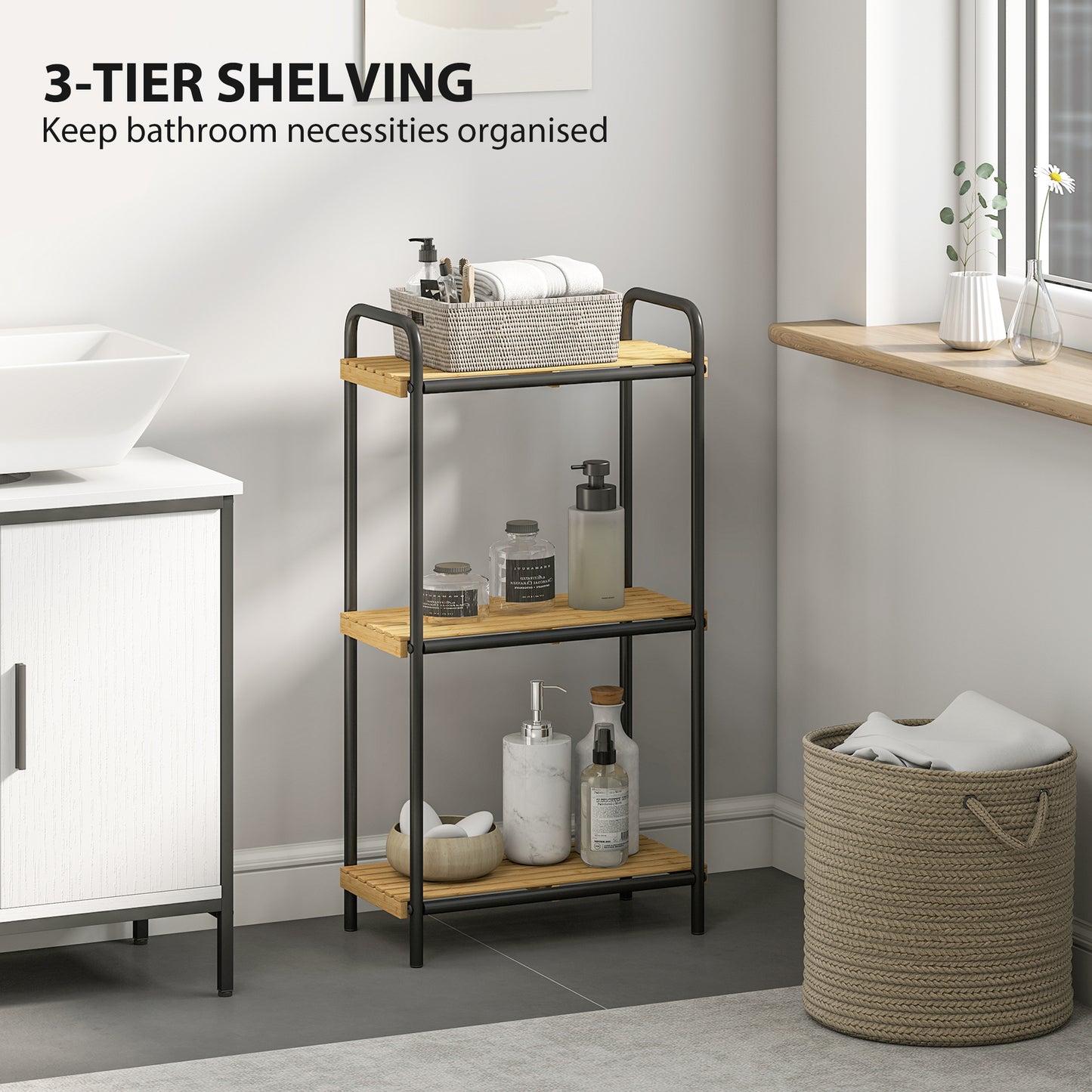 HOMCOM 3-Tier Bamboo Bathroom Storage Shelf, Freestanding Narrow Shelving Unit with Slatted Shelves for Kitchen Bathroom Living Room, 41.5 x 21.5 x 77.5 cm, Natural and Black