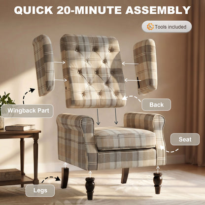 HOMCOM Wingback Accent Chair, Linen-Look Fabric Armchair with Thick Spring Cushion, High Back, Khaki Plaid