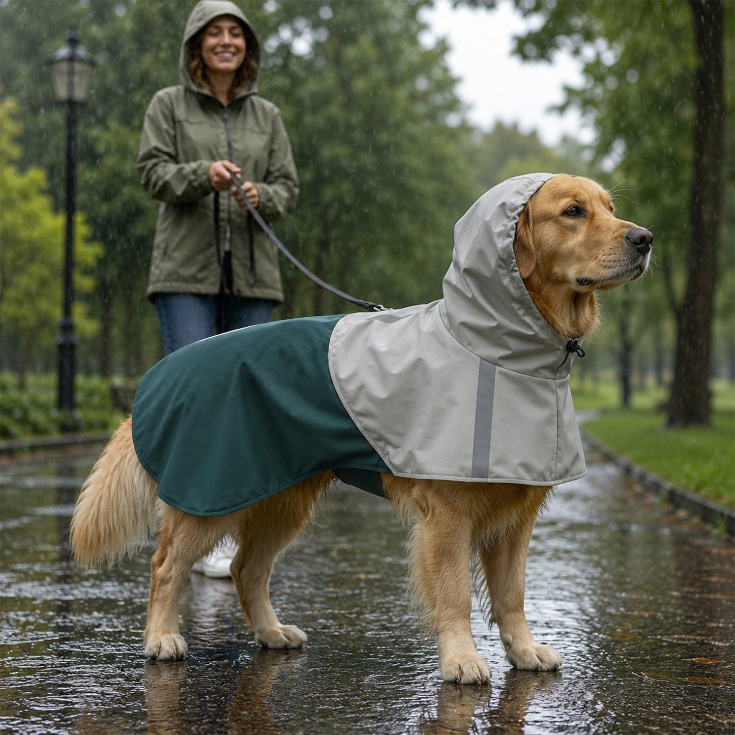 PawHut Dog Raincoat with Hood, Waterproof & Breathable Rain Jacket with Leash Hole, for Large Dogs, Green, L