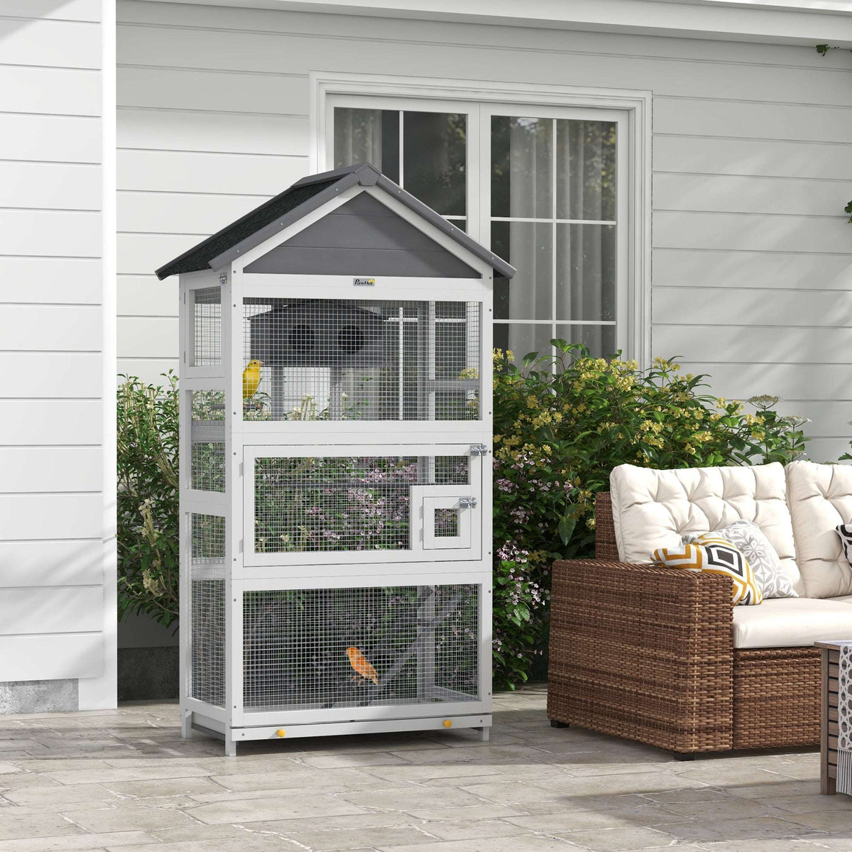 PawHut Wooden Bird Cage, with Stand, for Finches, Parakeets, Small birds - Grey