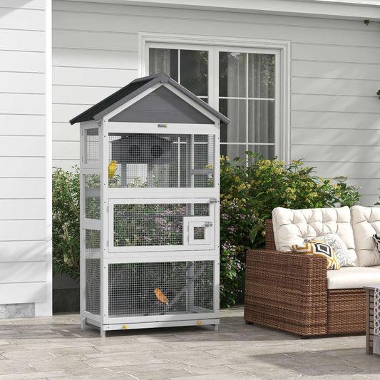 PawHut Wooden Bird Cage, with Stand, for Finches, Parakeets, Small birds - Grey