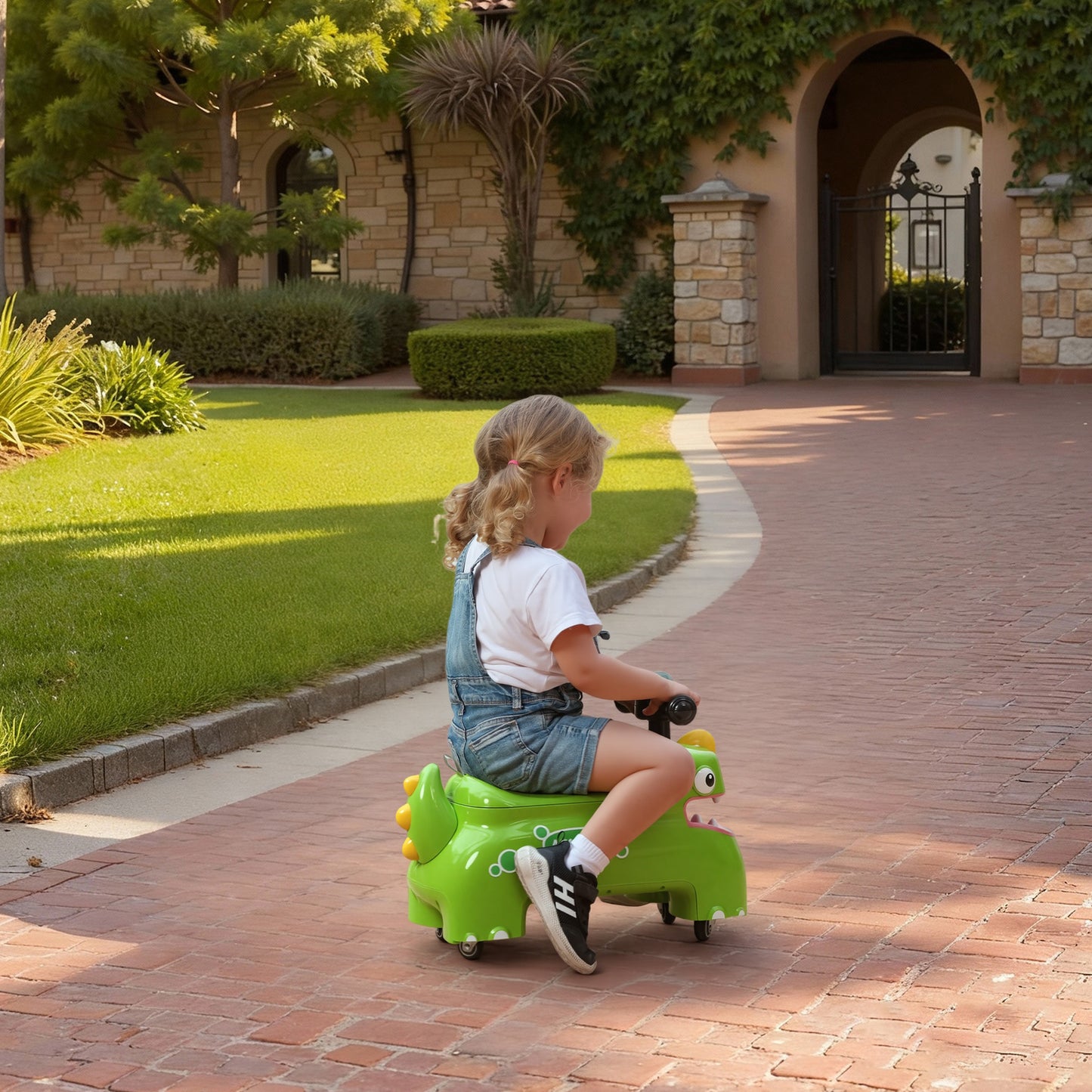 AIYAPLAY Kids Ride On Car, Dinosaur Foot to Floor Slider with Storage, Toddler Walker with Light, Sounds, Green