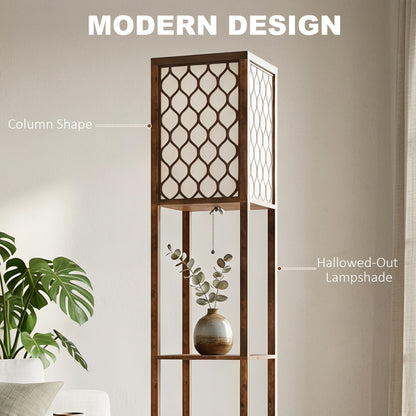 HOMCOM Floor Lamp with Shelves, Modern Tall Standing Lamp with Fabric Lampshades, Zipper Switch and Dual Light, Rustic Brown