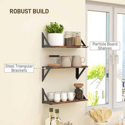 HOMCOM Set of 3 Wall Shelves, 43cm Vintage Wall Mounted Floating Shelves for Living Room, Entryway, Bedroom, Rustic Brown