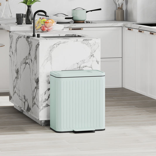 HOMCOM Dual Kitchen Bin, 2 x 20L Double Bin for Recycling and Waste, Fingerprint-proof Pedal Bin with Soft-Close Lid, Removable Inner Buckets, Green
