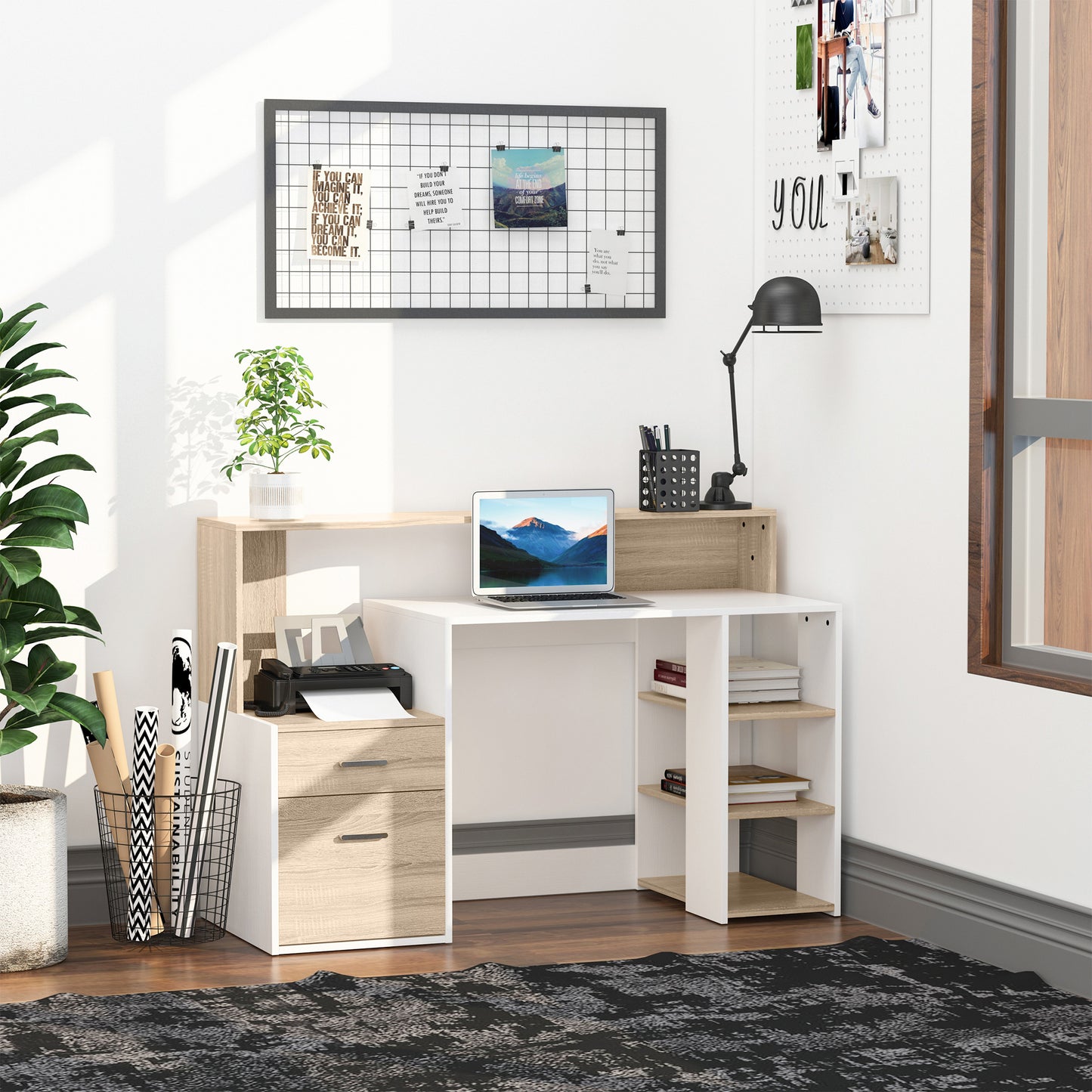 HOMCOM Computer Desk with Drawers and Storage Shelves, Office Desk Writing Table with Printer Stand, Large Workstation for Study Play Work Home Office, 137 x 55 x 92cm, Oak