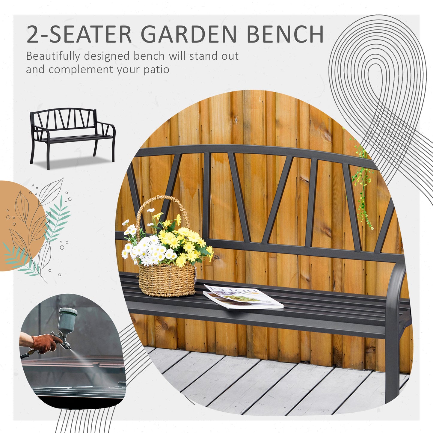 Outsunny 2-Seater Garden Bench Metal Loveseat w/ Decorative Backrest Ergonomic Armrest