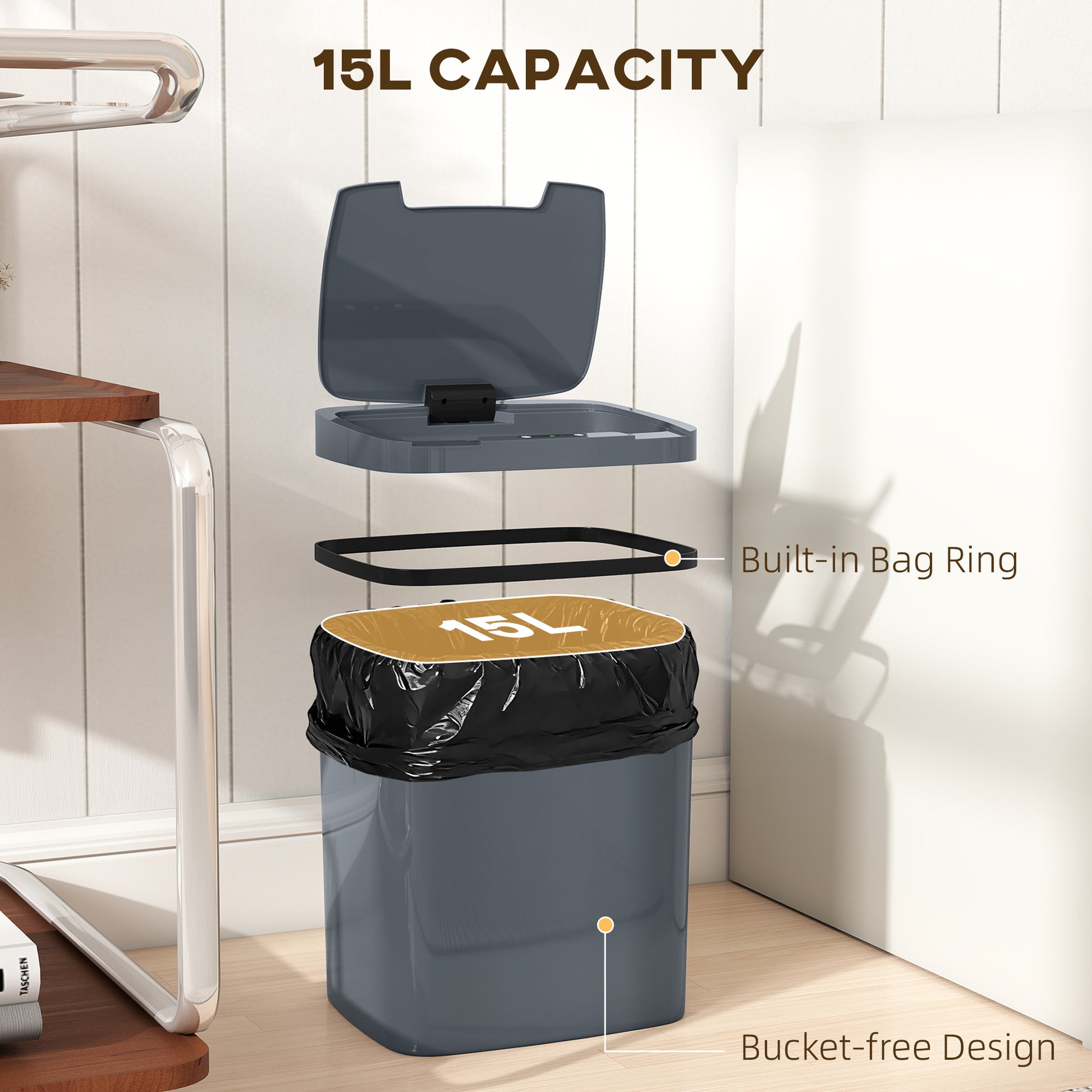 HOMCOM 15L Sensor Bin, Automatic Touchless Kitchen Bin, Easy Clean, Battery Operated for Home Office, Bedroom, Bathroom, Grey--ChewyGames-ChewyGames