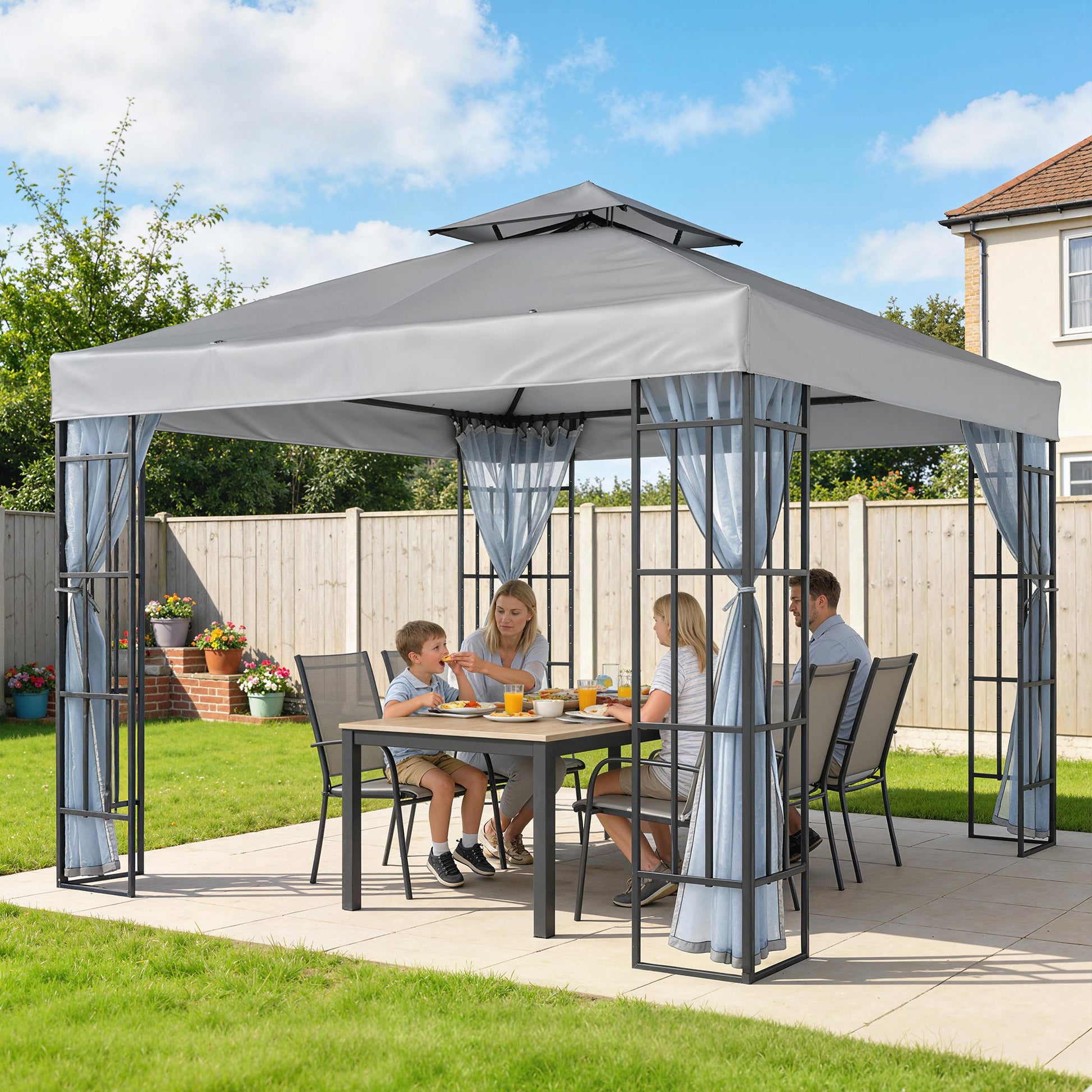 Outsunny 3 x 3(m) Patio Gazebo Canopy Garden Pavilion Tent Shelter with 2 Tier Roof and Mosquito Netting, Light Grey--ChewyGames-ChewyGames