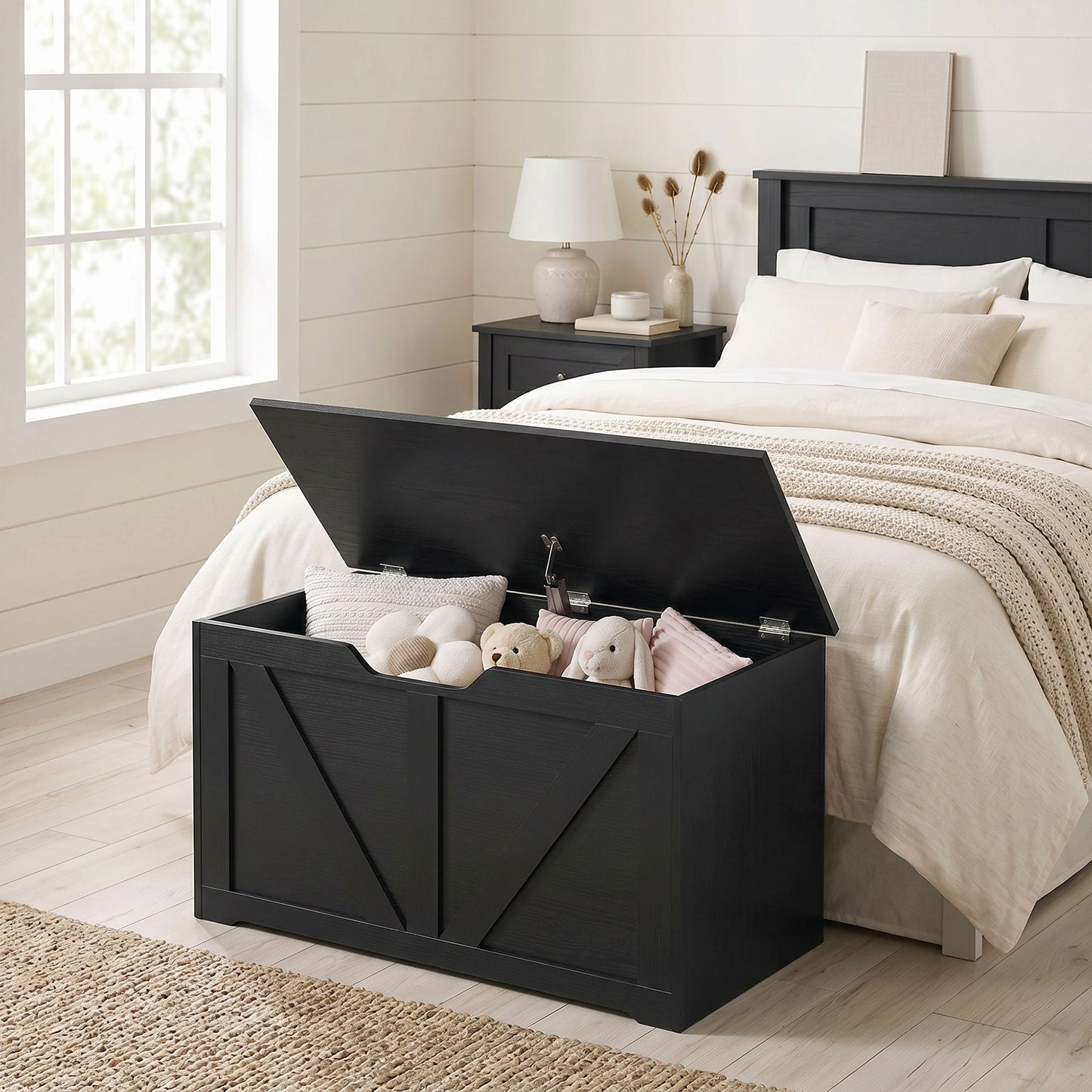 HOMCOM 100L Home Storage Box, with Safety Hinge - Black Wood-Effect