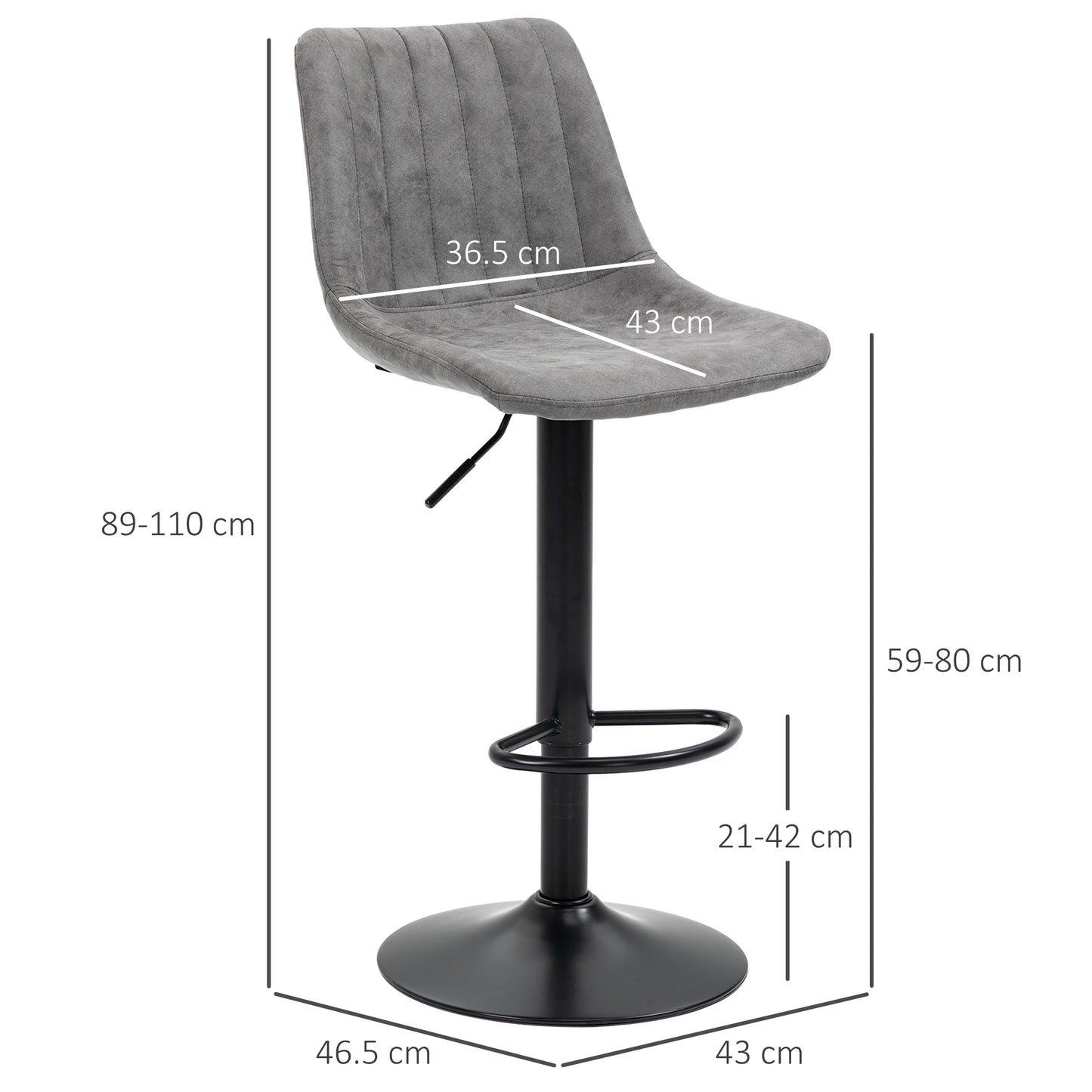 HOMCOM Breakfast Bar Stools Set of 2, 59-80cm Sitting Hight Leather Upholstered Bar Chairs - Grey