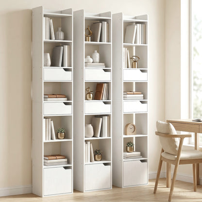 HOMCOM Bookcase Tall Narrow with 5 Tiers and Drawers Freestanding Bookshelf Storage Cabinet for Living Room White Wood Effect
