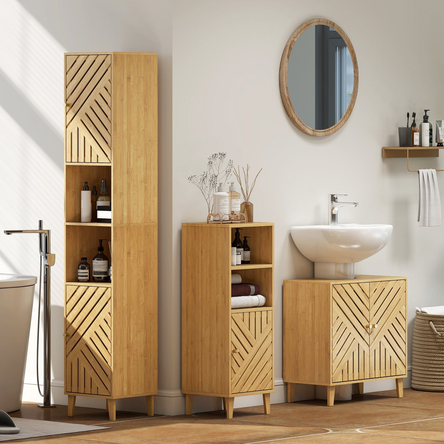 HOMCOM Multi-Storage Bamboo Door Bathroom Cabinet - Natural Finish