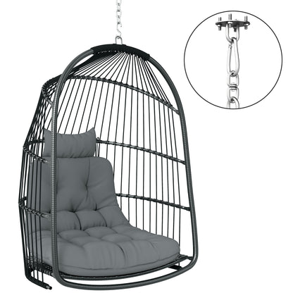 Outsunny Hanging Egg Chair, Foldable Rattan Garden Swing Chair with Installation Kit, Thickened Cushion and Headrest, Indoor Outdoor Hanging Egg Basket Seat for Patio, Porch, Dark Grey