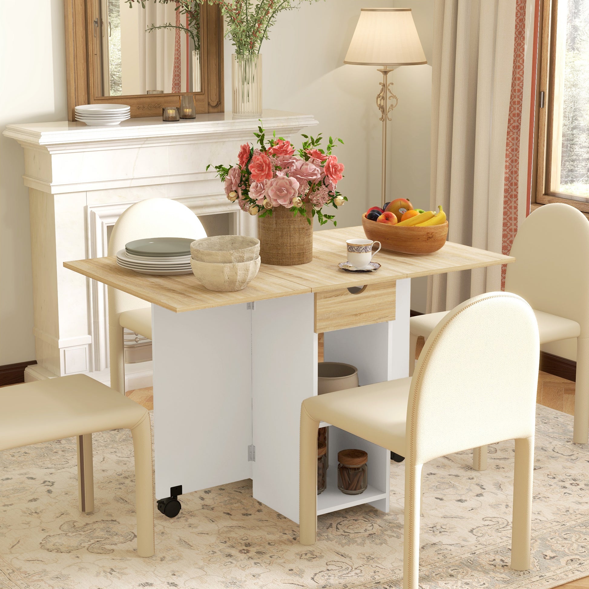 HOMCOM Folding Dining Table, Drop Leaf Table for Small Spaces, Foldable Table with Drawer and Storage Shelves for Kitchen, Dining Room, Oak--ChewyGames-ChewyGames