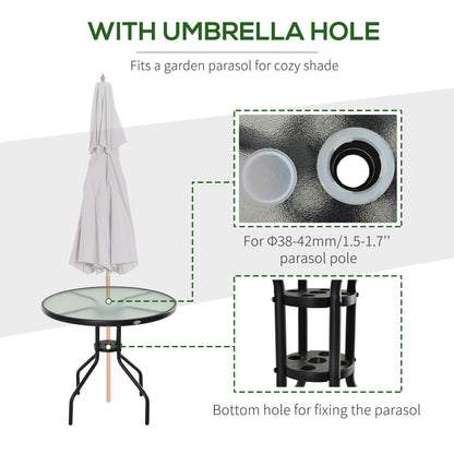 Outsunny 80 cm Round Garden Dining Table with Parasol Hole for 4, Outdoor Coffee Bistro End Side Table with Tempered Glass Top and Steel Frame for Patio, Porch, Black