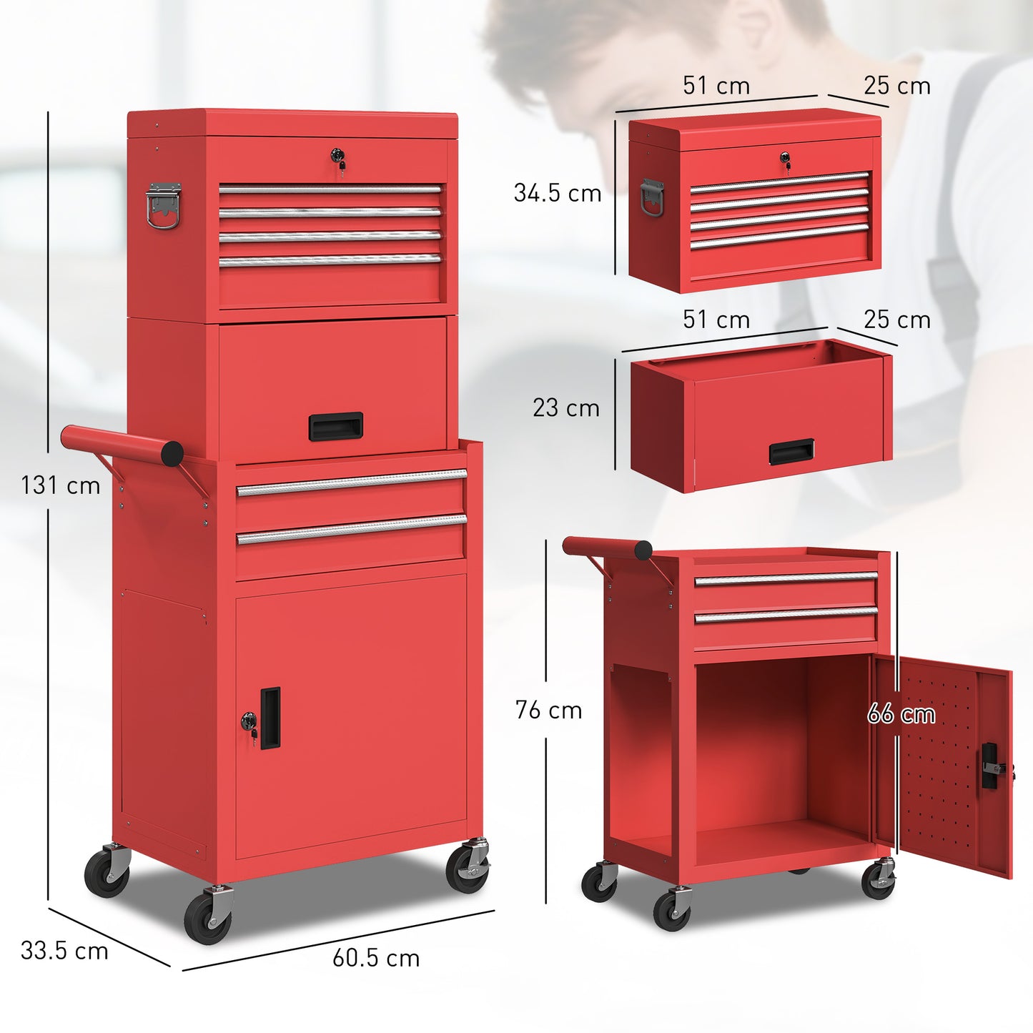 HOMCOM Three-Part Steel Locking Tool Chest - Red-Rolling Cabinets & Chests-ChewyGames-ChewyGames