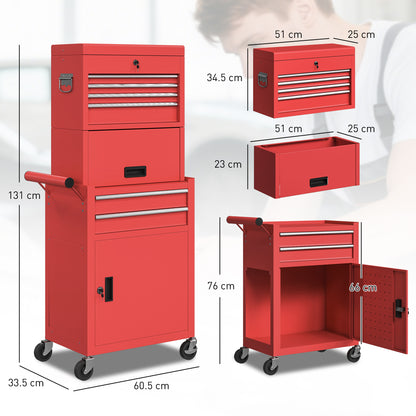 HOMCOM Three-Part Steel Locking Tool Chest - Red-Rolling Cabinets & Chests-ChewyGames-ChewyGames