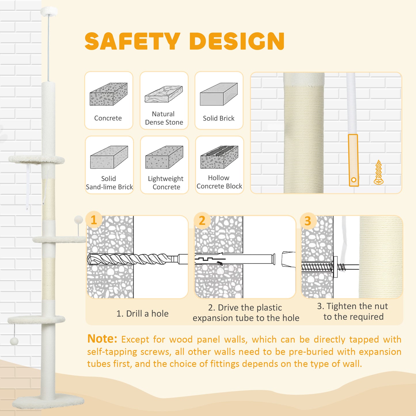 PawHut 225-255 cm Adjustable Cat Climbing Tower with Sisal Scratching Posts, 2 Hanging Play Balls and Anti-Tip Strap, Beige