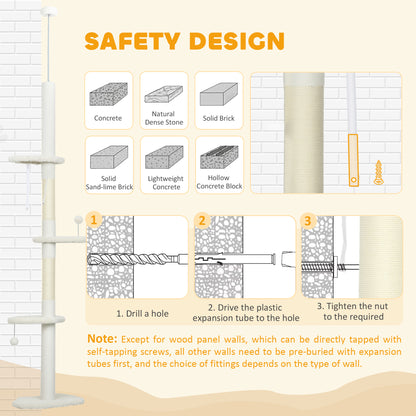 PawHut 225-255 cm Adjustable Cat Climbing Tower with Sisal Scratching Posts, 2 Hanging Play Balls and Anti-Tip Strap, Beige