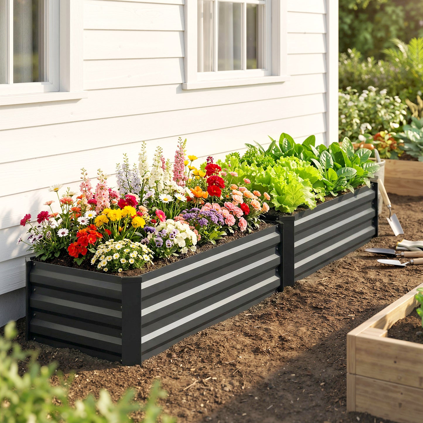 Outsunny Set of Two 100 x 60cm Steel Planter Boxes - Grey