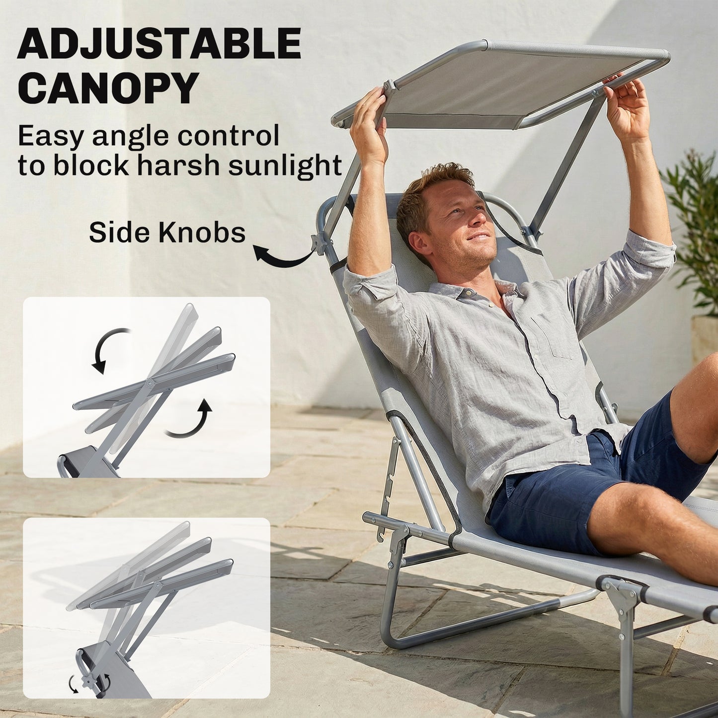 Outsunny Folding Sun Lounger with Canopy, Reclining Sunbed with 4-Position Adjustable Backrest, 600D Oxford Cloth, Portable Garden Lounger Recliner Chair for Beach, Camping, Patio, Light Grey