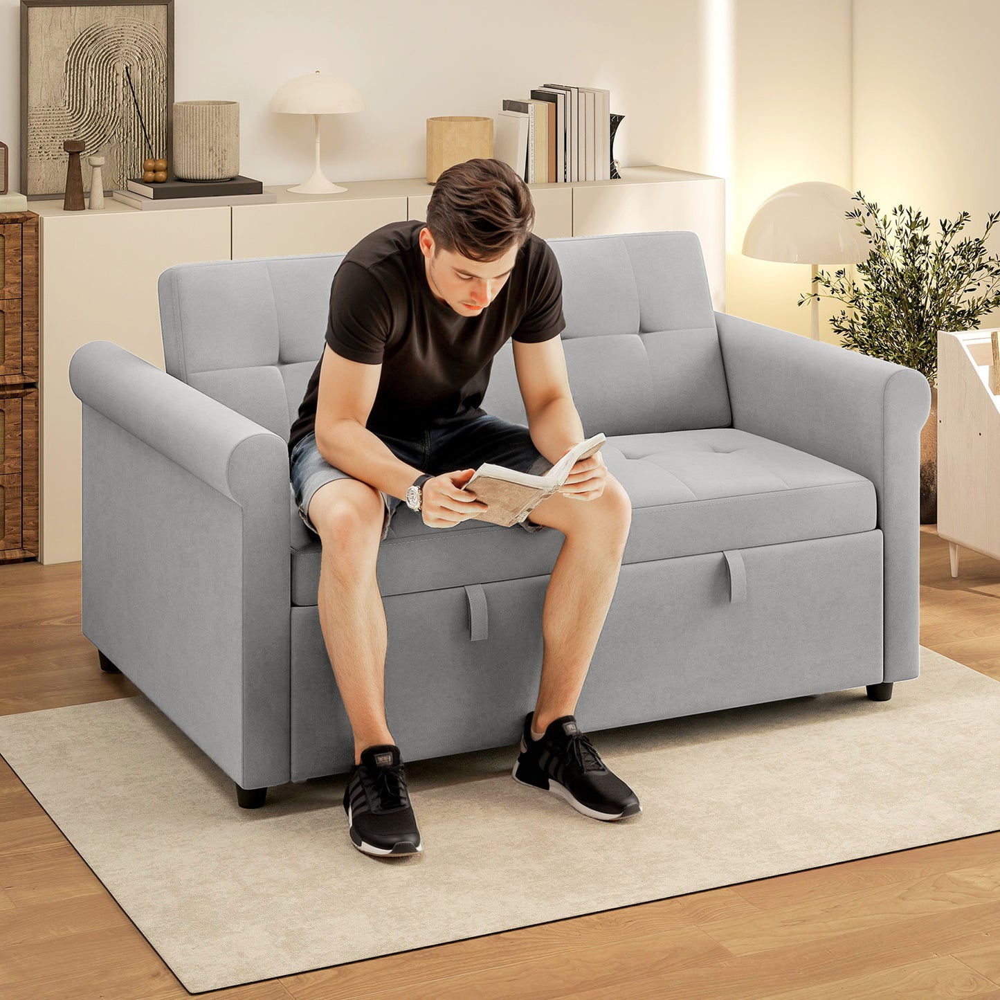 HOMCOM Two-Seater Velvet-Feel Sofa Bed - Grey