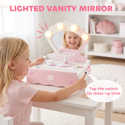 AIYAPLAY Kids Vanity Table, Portable Dressing Table with Lights, Mirror, Drawer, Accessories, Gift for 3-6 Years