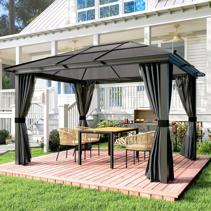 Outsunny 3 x 3.6m Hardtop Gazebo Canopy with Polycarbonate Roof, Aluminium Frame, Permanent Pavilion Garden Gazebo with Netting and Curtains for Patio, Deck, Dark Grey