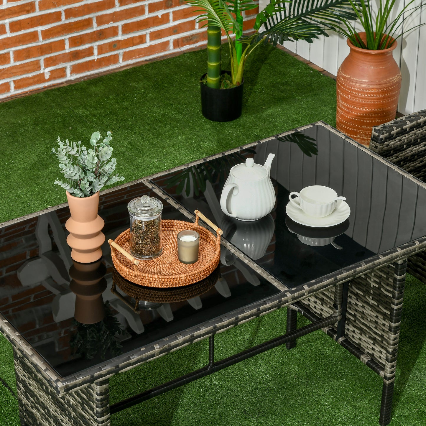 Outsunny 5 Seater Rattan Garden Furniture Set, 2 Armchairs, 3-Seater Wicker Sofa, 2 Footstools and Glass Table, 6 Piece Patio Rattan furniture Sofa Sets with Cushions for Conservatory, Mixed Grey-Outdoor Furniture Sets-ChewyGames-ChewyGames