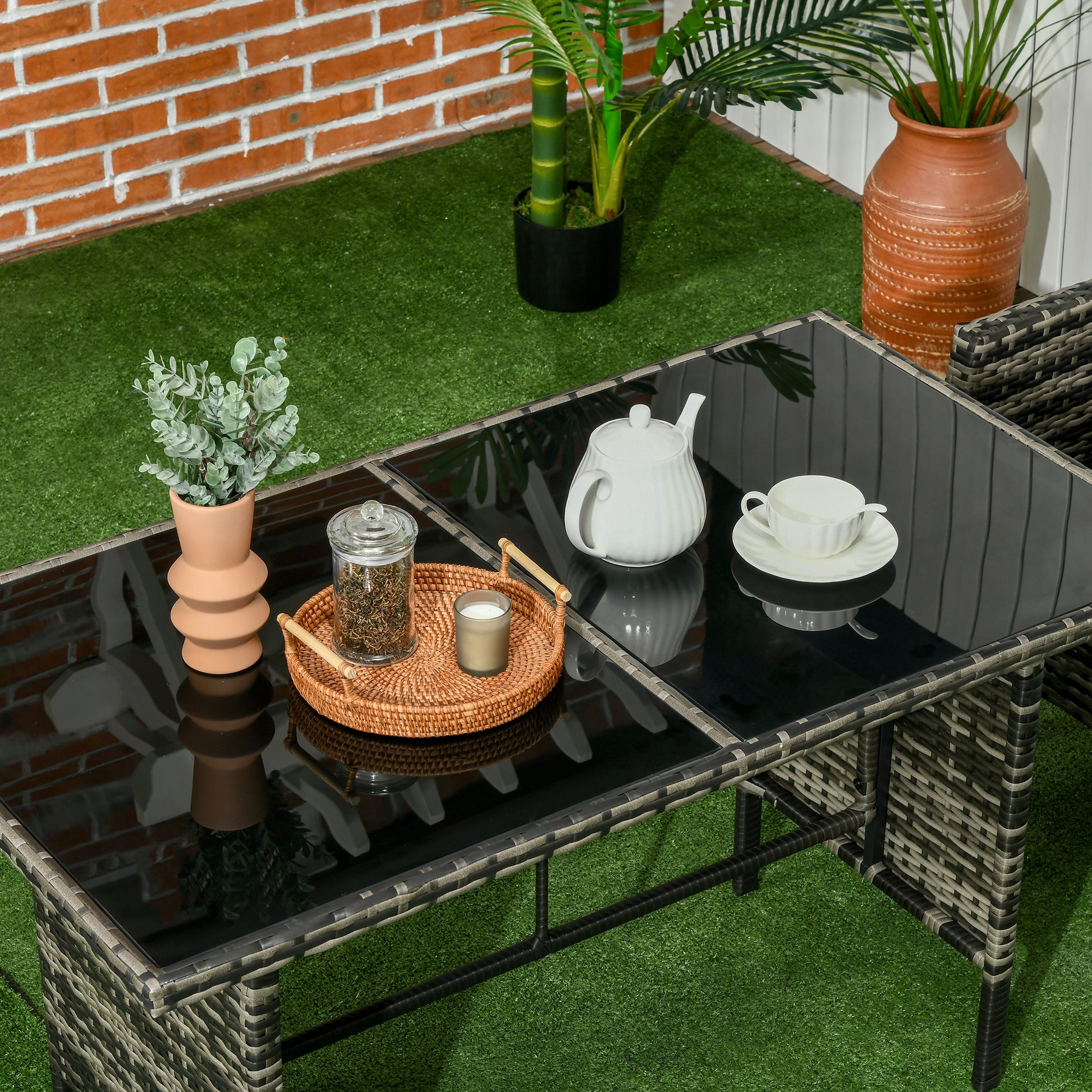 Outsunny 5 Seater Rattan Garden Furniture Set, 2 Armchairs, 3-Seater Wicker Sofa, 2 Footstools and Glass Table, 6 Piece Patio Rattan furniture Sofa Sets with Cushions for Conservatory, Mixed Grey-Outdoor Furniture Sets-ChewyGames-ChewyGames