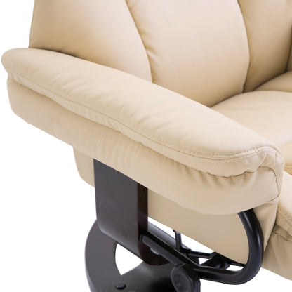 HOMCOM 360° Swivel Recliner Chair with Footstool, PU Leather Manual Recliner Armchair with Footstool, Solid Wood Base, Upholstered Reclining Chair for Living Room, Bedroom, Office, Cream